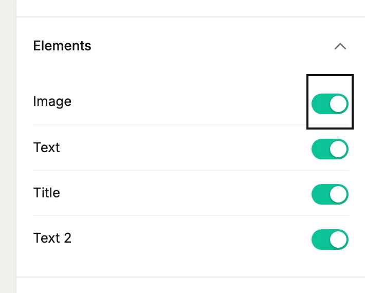 The Elements list open in the Block panel, one row per part with a switch beside each name.