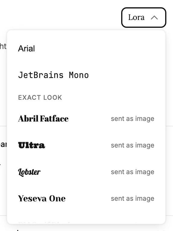 A heading's Font list, the Email-safe group above and the Exact look group below, its fonts tagged sent as image.