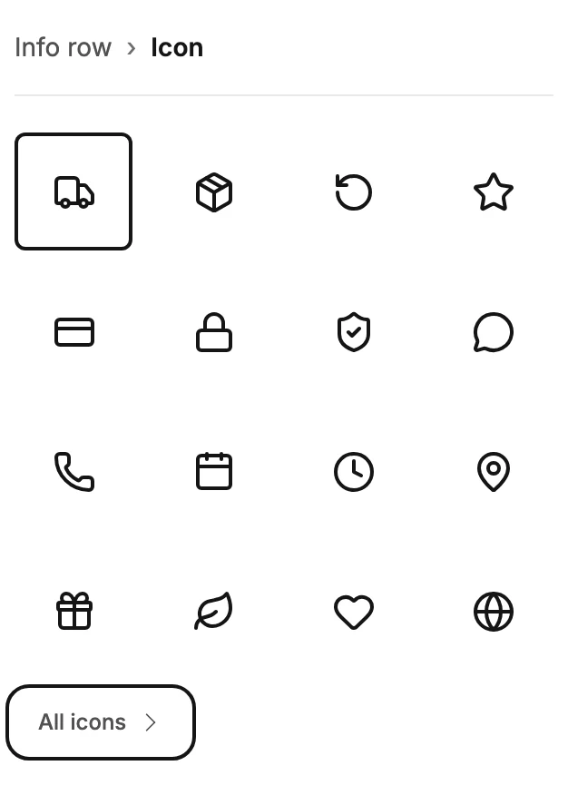The settings panel reading Info row › Icon over a grid of icons, with the truck outlined and All icons ringed under the grid.