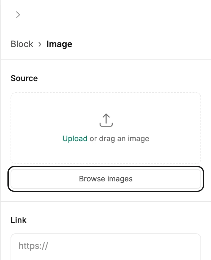 The panel for an empty photo spot, reading Block › Image, with Upload or drag an image above a ringed Browse images button.