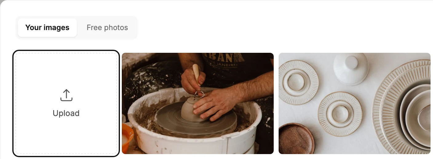 The image picker's window open on Your images, with the ringed Upload tile first and two wide uploaded pictures beside it in the same row.