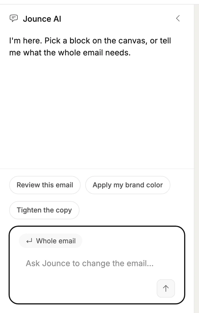 The Jounce AI chat open, with its first line, three suggestions such as Review this email, and the message box marked Whole email.