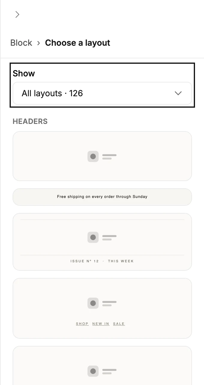 The layout library in the panel under the title Choose a layout, with the Show menu at the top above the first group of cards.