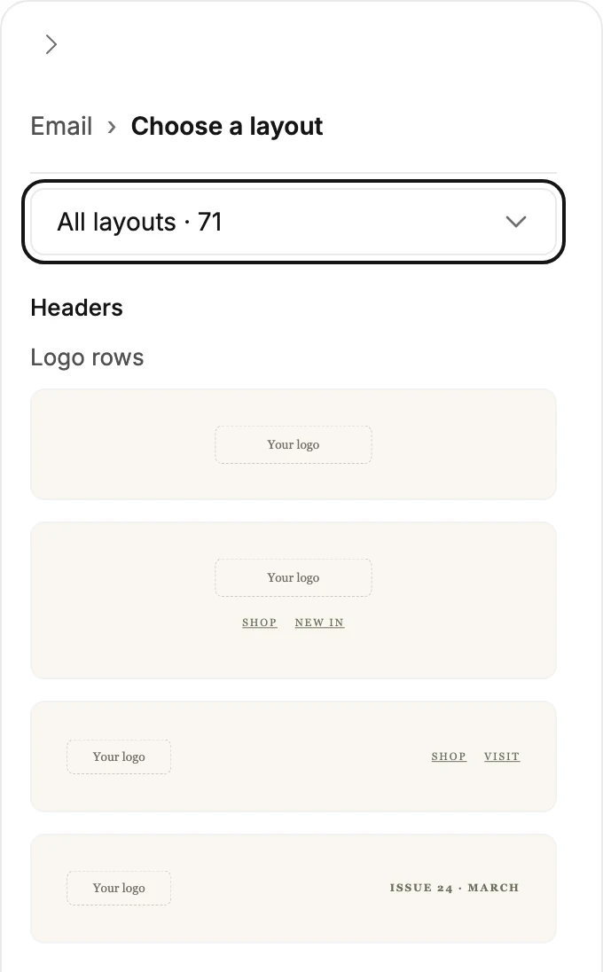 The layout library in the settings panel under the title Choose a layout, with the menu at its top ringed and set to All layouts.