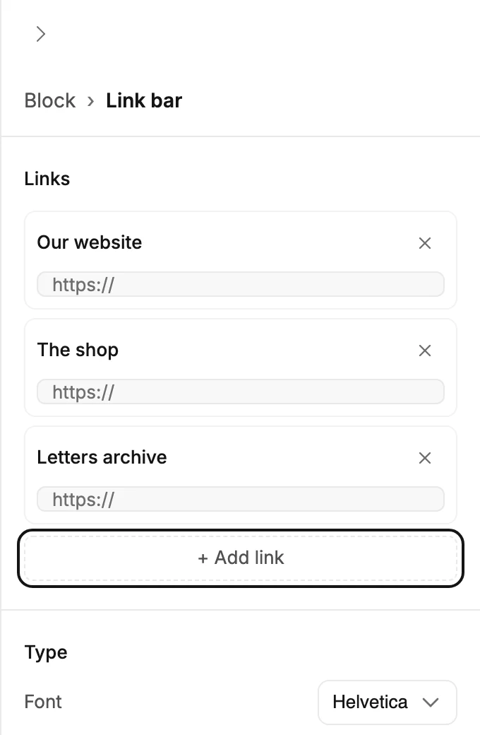 The panel for a Link bar. Three link rows under Links, each with its words and an address box, and a ringed Add link button.