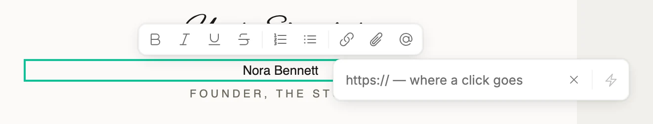The link box open under the toolbar, its field reading https:// — where a click goes, with the remove and link actions buttons beside it.