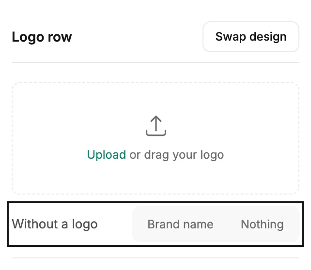 A Logo row's settings panel: the upload area, then the ringed Without a logo row with Brand name and Nothing.