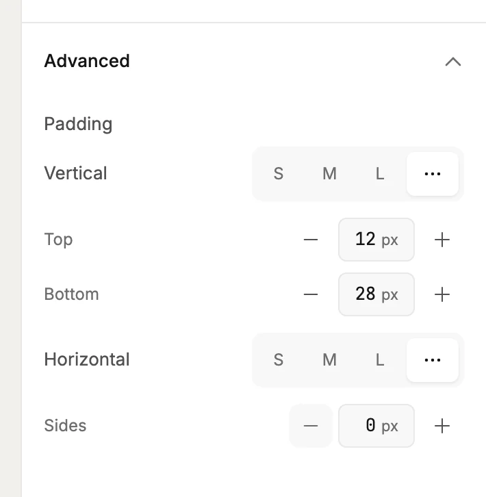 The Advanced group open in the Block panel. Padding shows Vertical and Horizontal rows of S, M, L, and a dots option, with Top and Bottom boxes under Vertical.