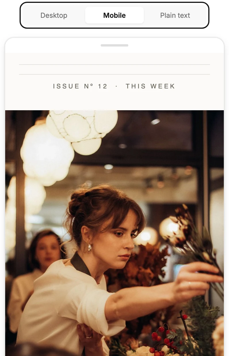 The preview with the Desktop, Mobile, and Plain text switch above a phone showing the email.