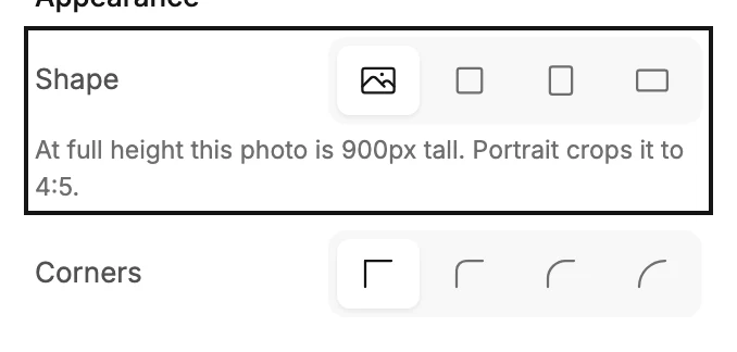 A photo's ringed Shape row of four buttons, its note reading At full height this photo is 900px tall. Portrait crops it to 4:5, and Corners below.