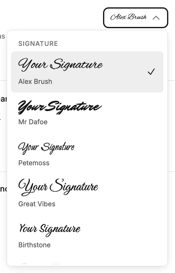The Font list open on a Signature block, showing the Signature group first with each hand previewed as the words in the email.