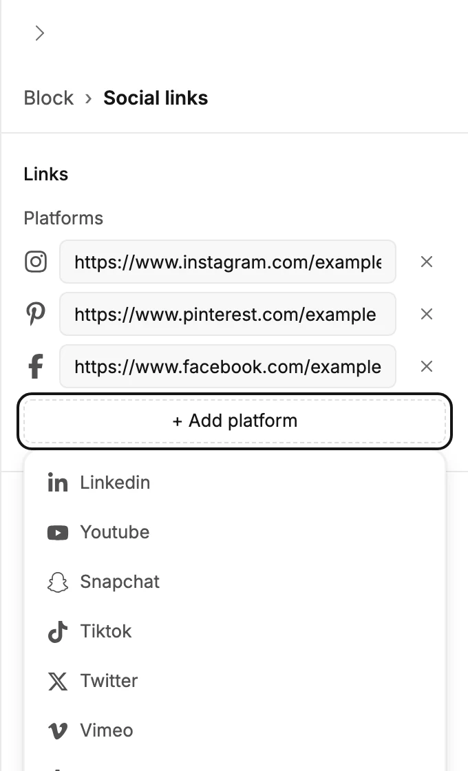 The panel for a Social block with three platform rows under Platforms and the ringed Add platform button open on the list of networks.