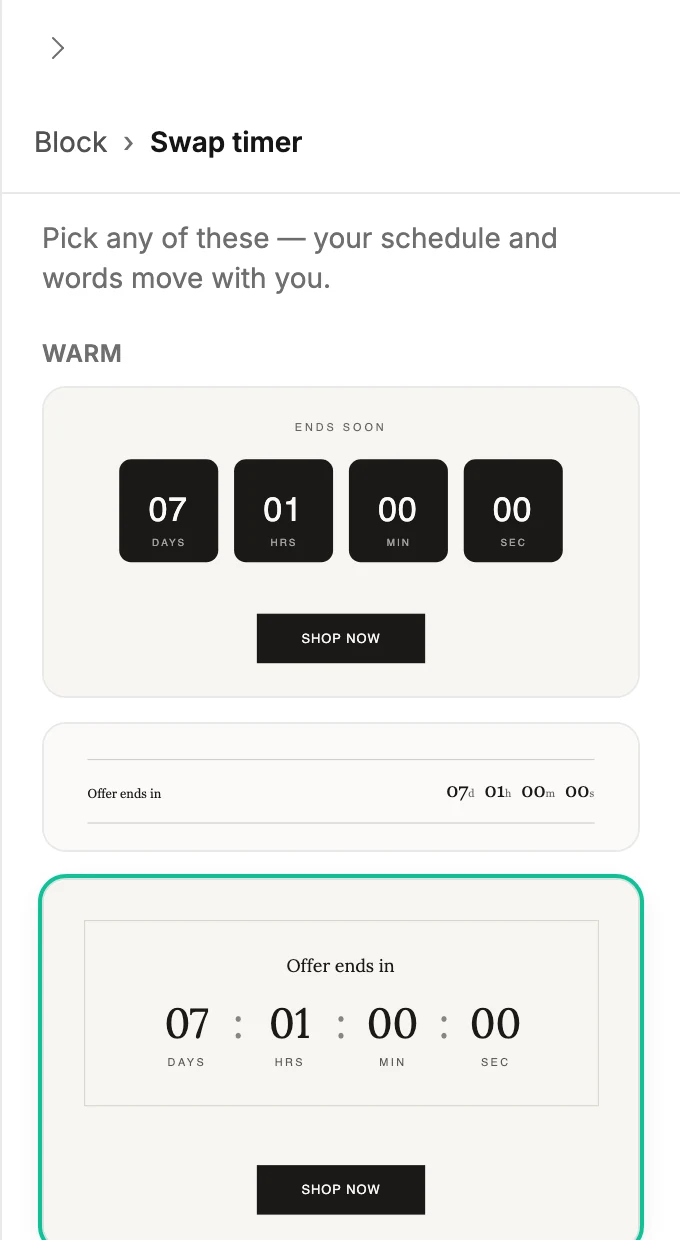The Swap timer view of the panel, with the countdown designs grouped under look names such as Warm, Personal, and Editorial.