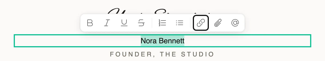 The formatting toolbar floating above a selected line of text, with the Link button ringed between the list buttons and the paperclip.