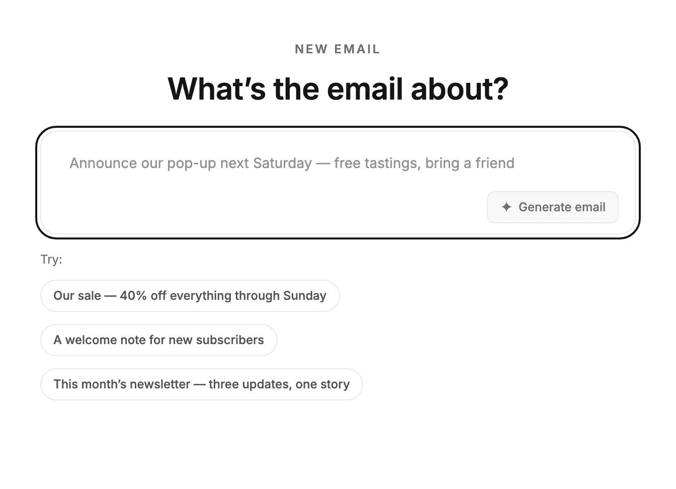 The What's the email about? page, with the description box, the Generate email button, and three example lines after Try.