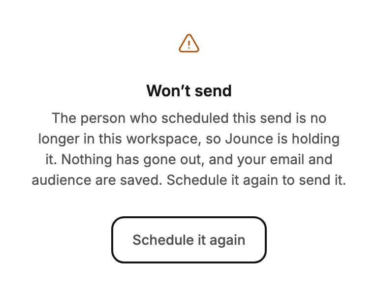 A held email's results page, reading Won't send, the reason the send is held, and the Schedule it again button.