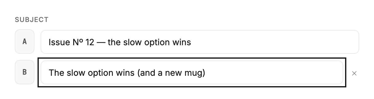 The Subject step with two subject lines, lettered A and B, and the remove button beside B.
