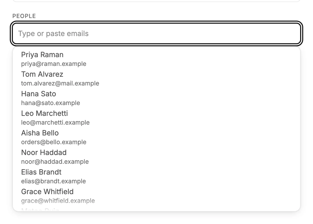 The People field open, listing subscribers by name and address to pick from.