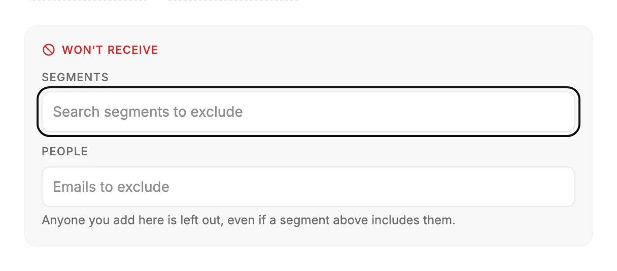 The Won't receive box on the Recipients step, with its own Segments and People fields.
