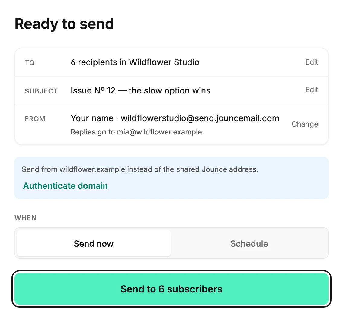 The Review step, with the To, Subject, and From rows, the When switch, and the send button below.