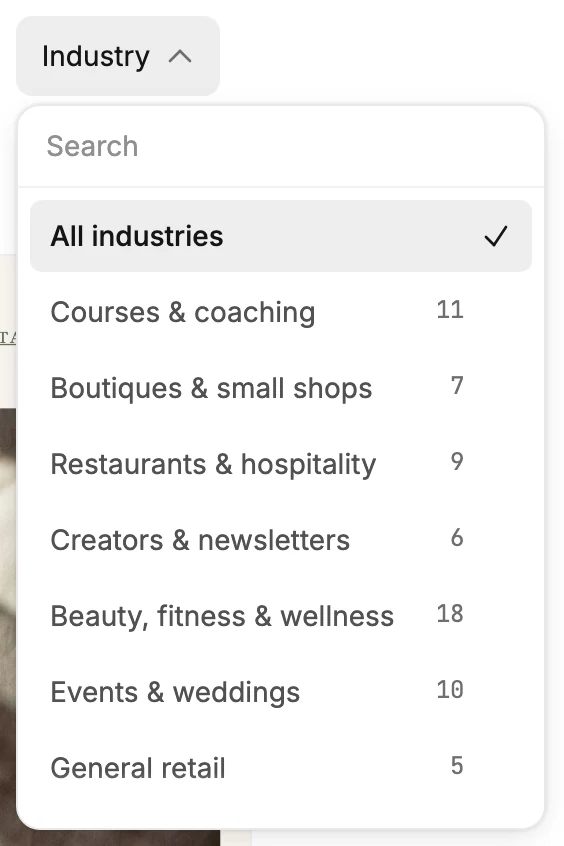 The Industry menu open, with its Search box, All industries checked, and each industry with a count beside it.