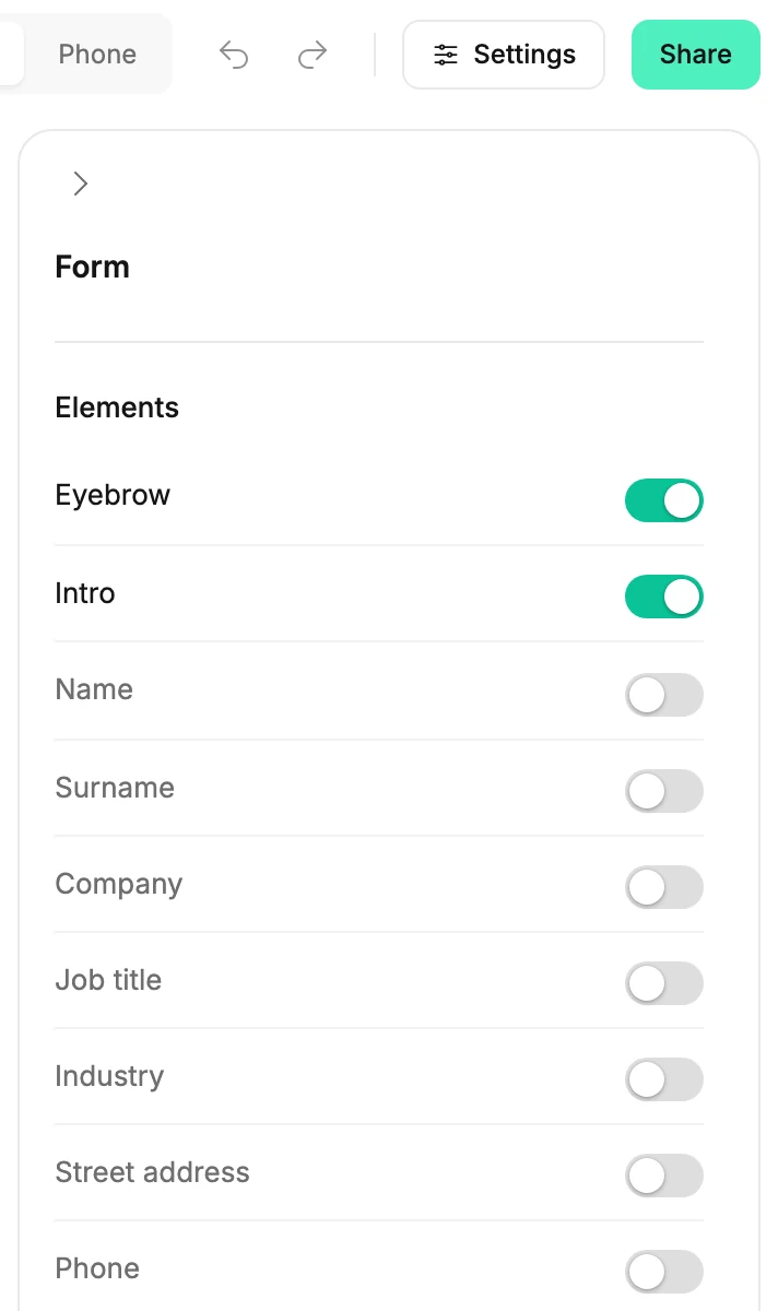 The settings panel headed Form. Under Elements, the switches for Name, Surname, Company, Job title, Industry, Street address, Phone and Consent are off.