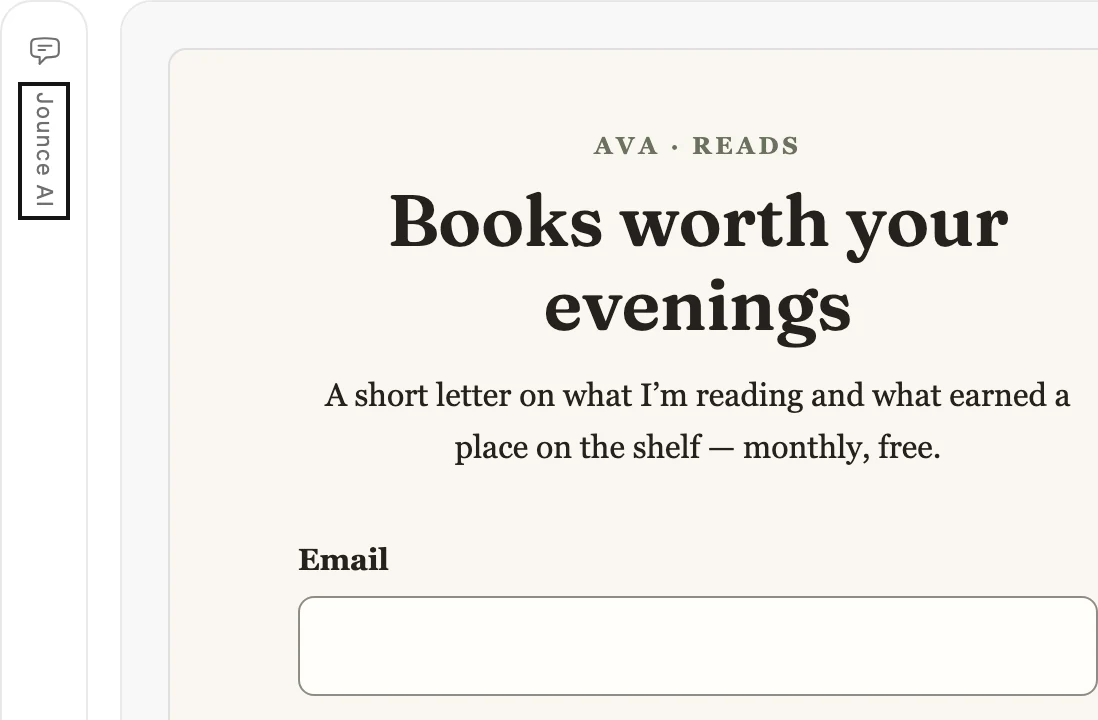 The folded Jounce AI edge on the left of the form editor, ringed, beside the top of a link-in-bio page.