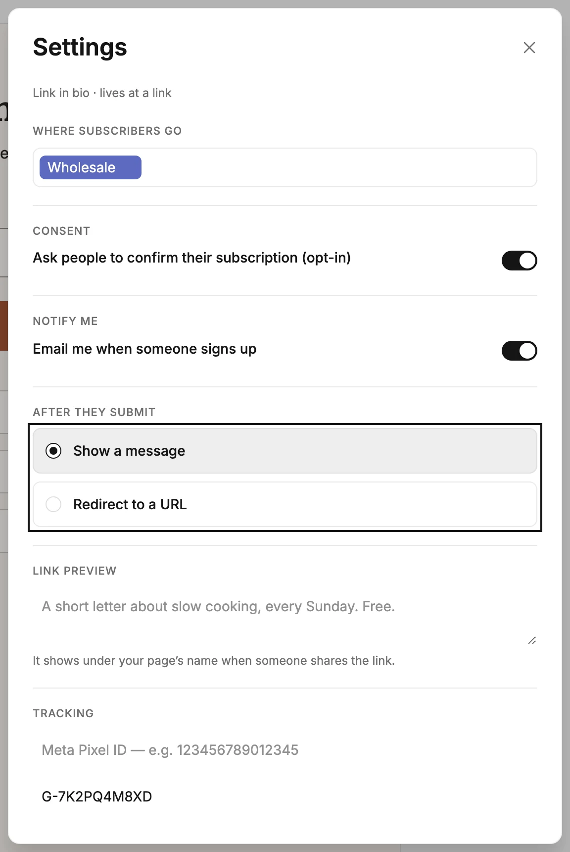The Settings dialog for a link-in-bio page, with After they submit ringed, Link preview under it, and the Tracking fields at the bottom.
