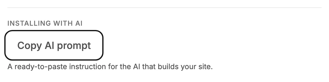 The Installing with AI row of the Share dialog, with Copy AI prompt ringed above its one-line description.