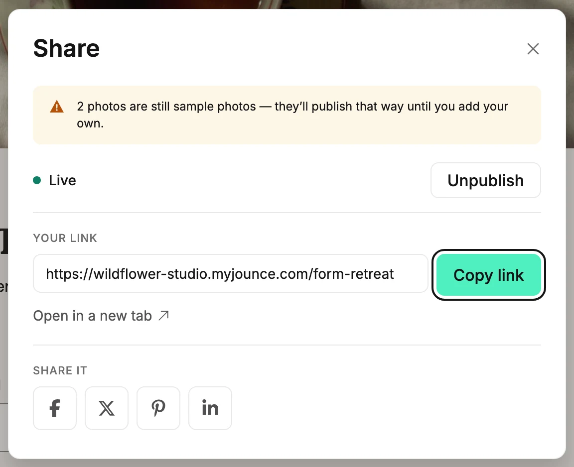 The Share dialog for a live page — Live and Unpublish, Your link with Copy link ringed, and four Share it buttons including Pinterest.