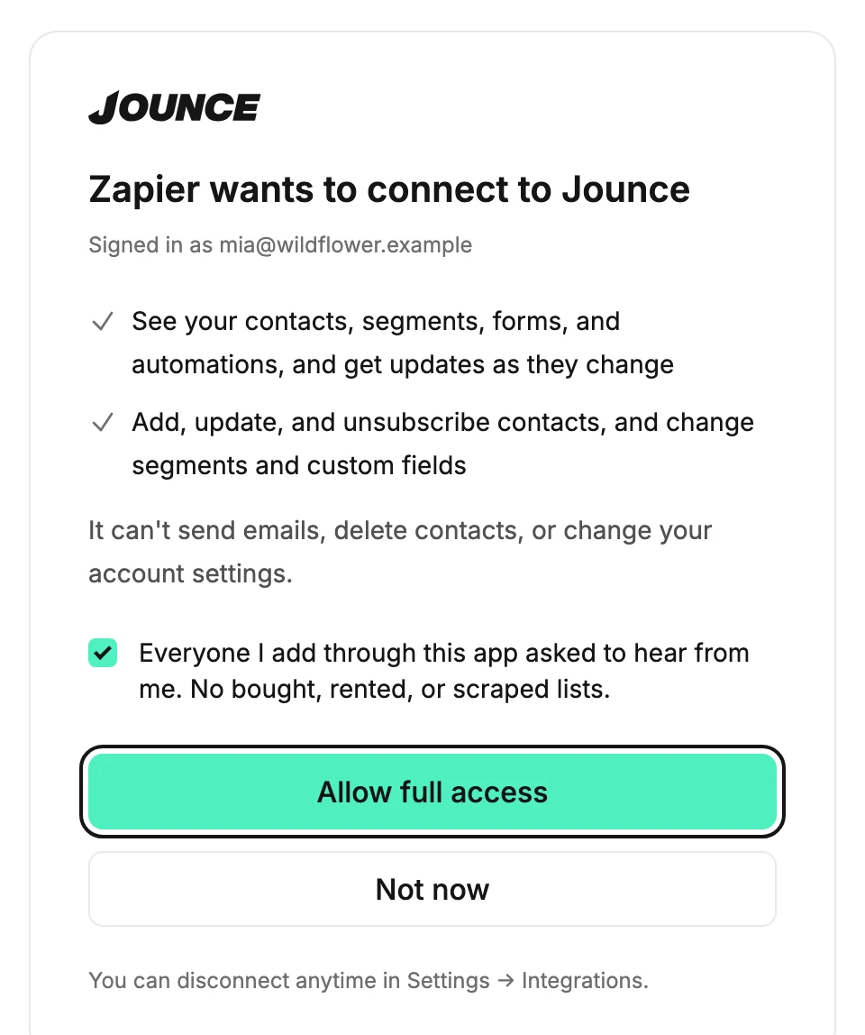 The screen Zapier wants to connect to Jounce: the two lines it can see and change, the statement ticked, and Allow full access ringed above Not now.