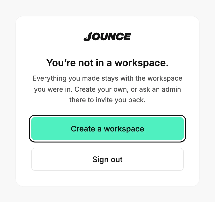 The card that says you're not in a workspace, with Create a workspace ringed above Sign out.