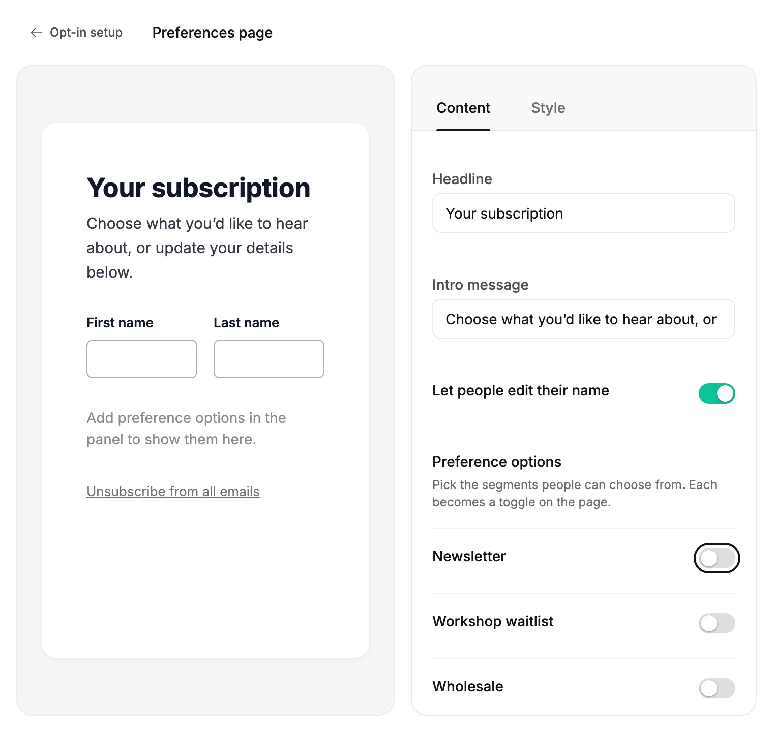 The Preferences page editor, with the preview on the left and the panel's Preference options listing three segments on the right. The first switch is ringed.