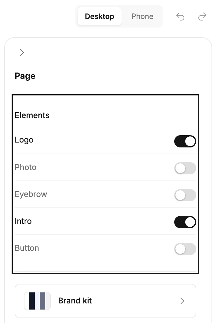 The settings panel headed Page, with its Elements switches ringed above the Brand kit door. Logo and Intro are on, and Photo, Eyebrow and Button are off.