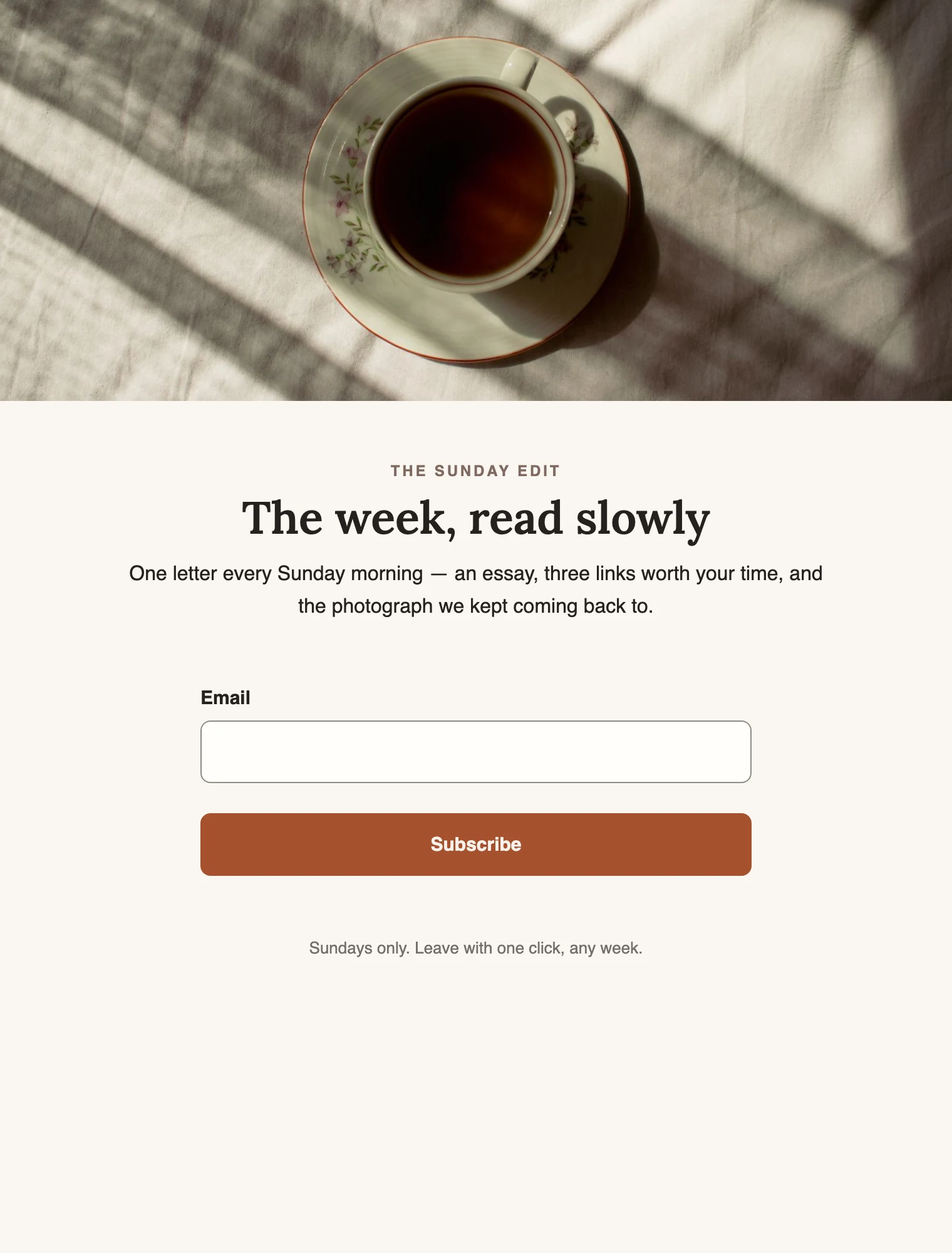 A live full page on a desktop, with its photo, headline, the email box and the button, and nothing of Jounce around it.
