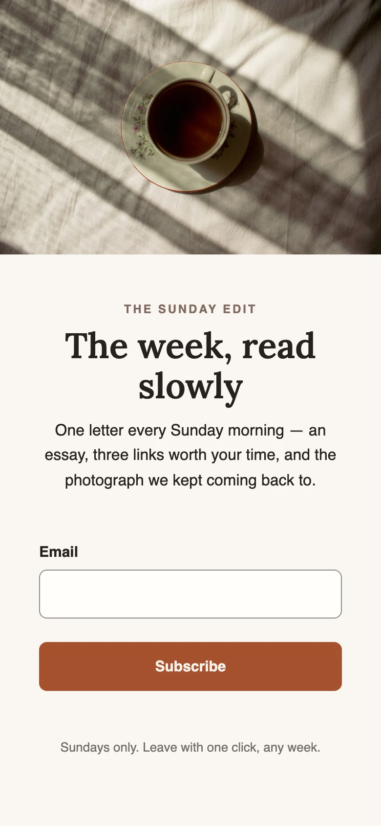 The same page on a phone, in one column, with the email box and the button stretched to the full width.
