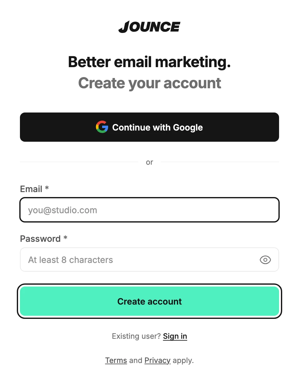 The sign-up page with the Email and Password fields open and the Create account button under them.