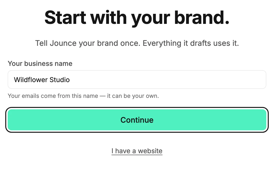 The first setup screen with no website: Your business name holds Wildflower Studio, with Continue ringed.