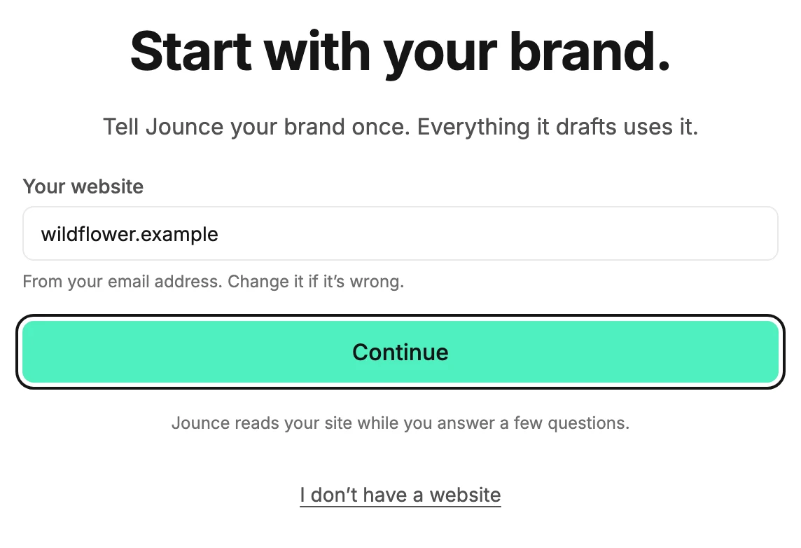 The Start with your brand screen, with wildflower.example in Your website and Continue ringed.